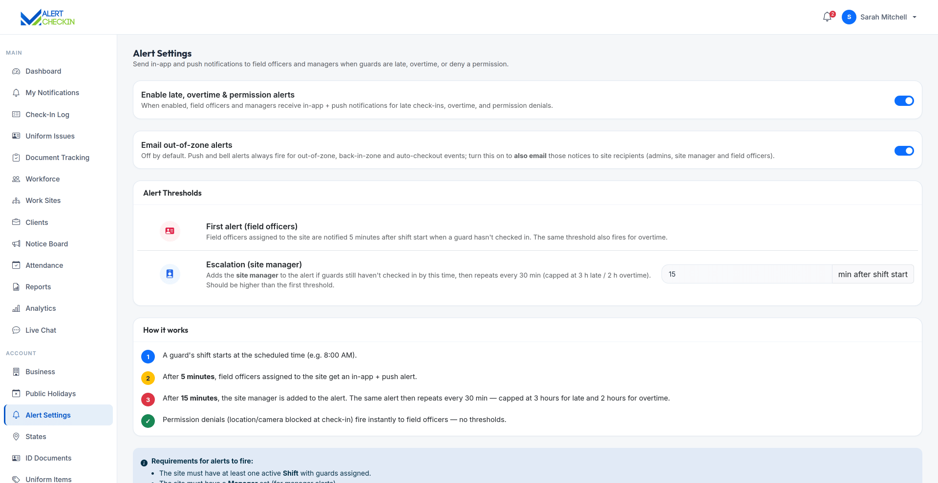AlertCheckin alert settings page for configuring alert rules and email recipients
