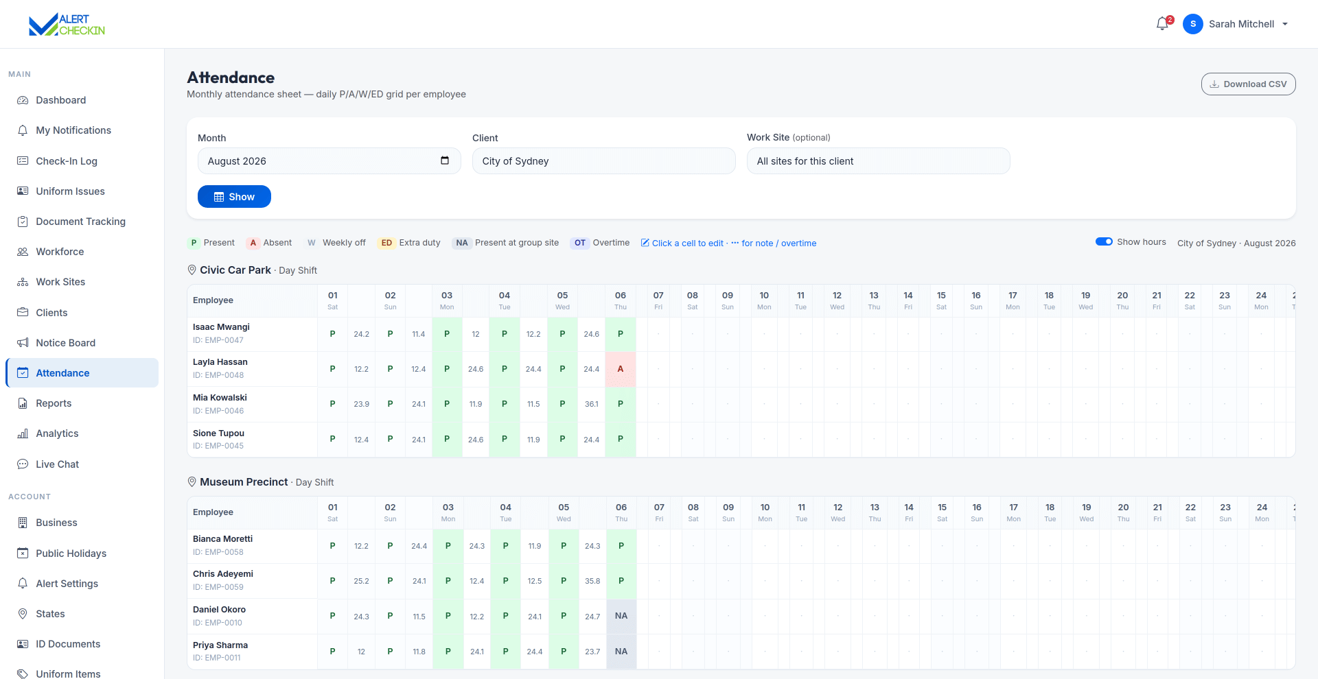 AlertCheckin attendance sheet showing per-employee daily attendance derived from check-in records