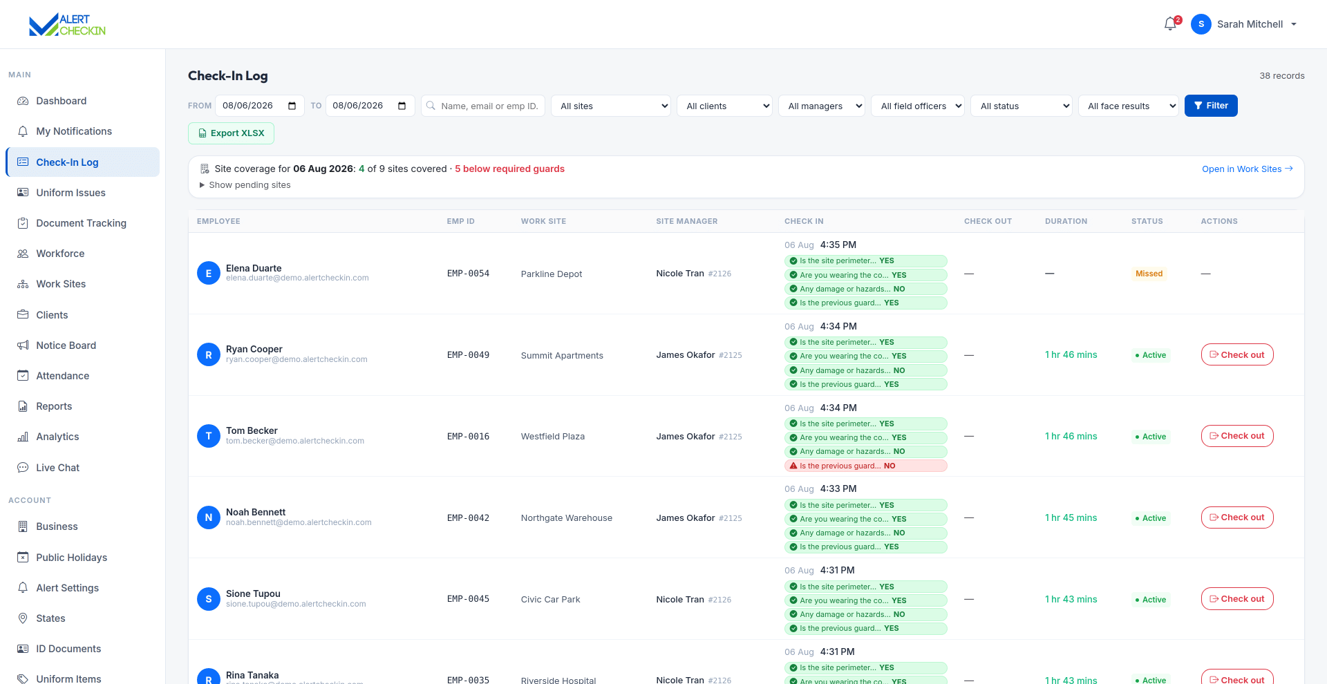 AlertCheckin check-in log on web with date range, filters, site coverage banner and check-in records table
