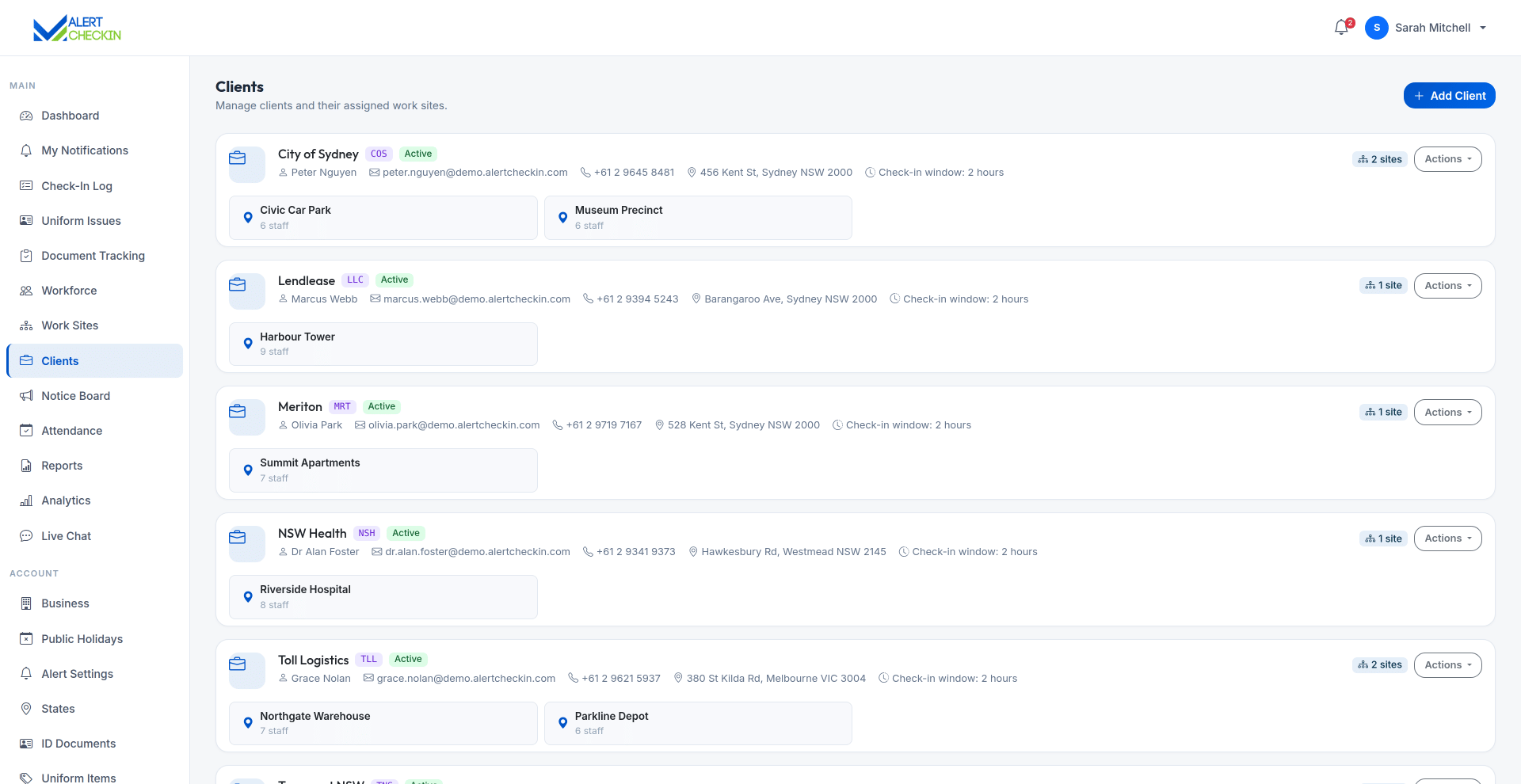 AlertCheckin clients page listing client accounts with logos and status controls
