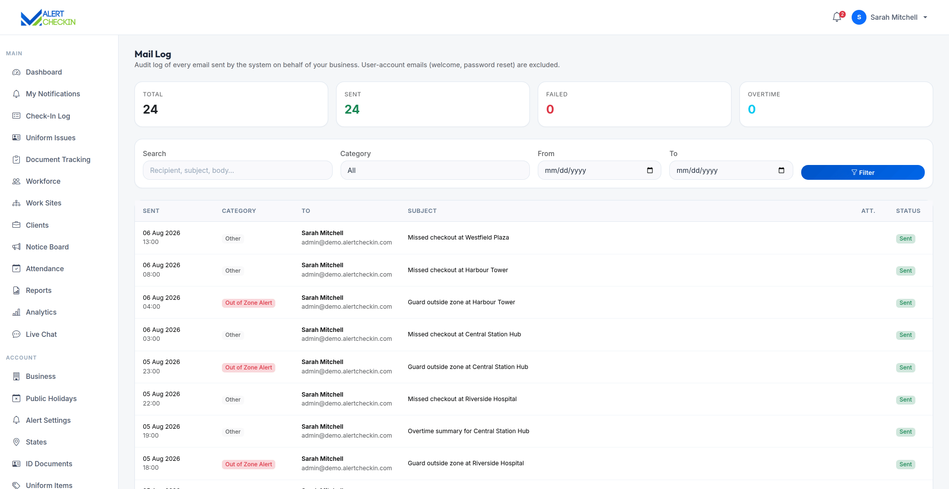 AlertCheckin email log listing sent messages with preview and attachment access