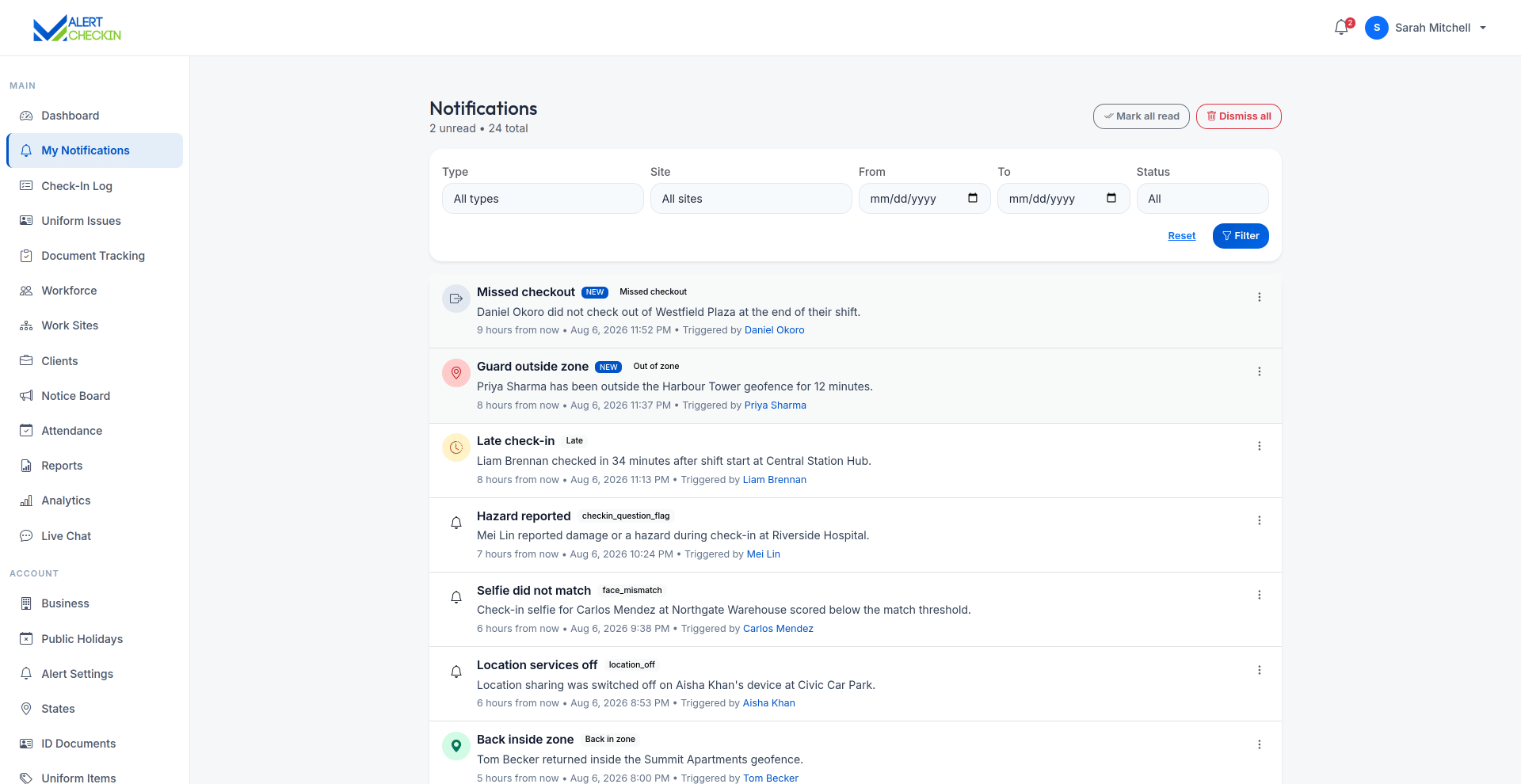 AlertCheckin web notifications page listing alerts with read status