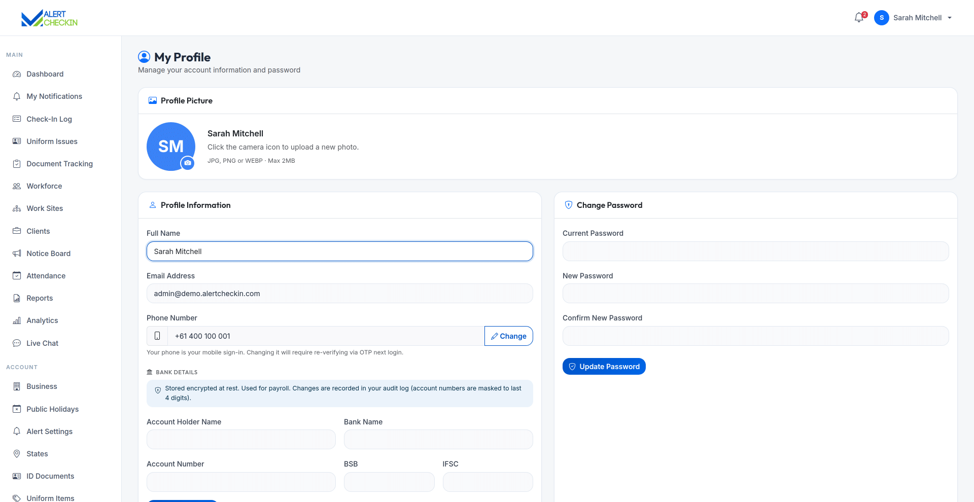 AlertCheckin profile settings page for updating account details, phone number and password