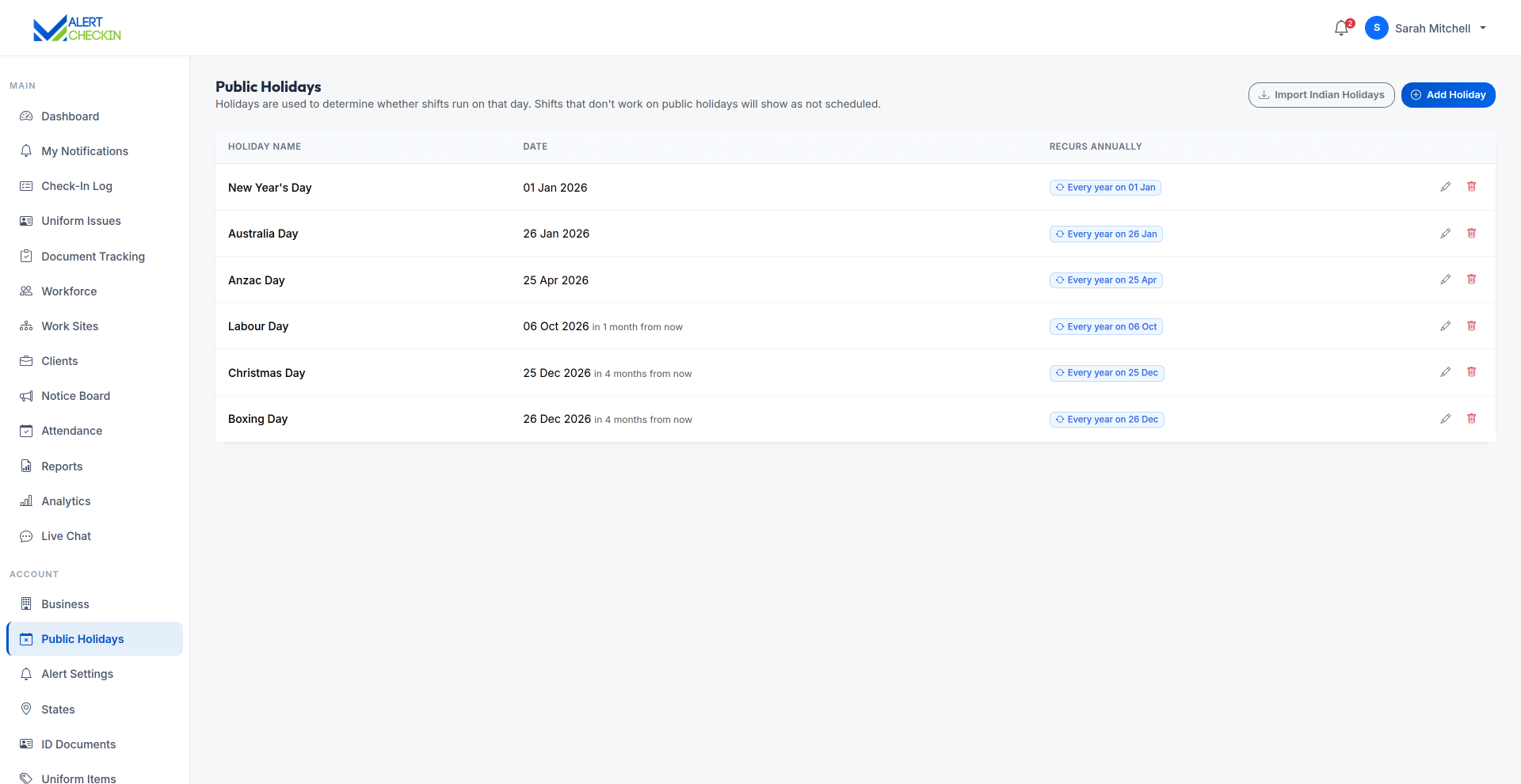 AlertCheckin public holidays settings page listing configured holiday dates