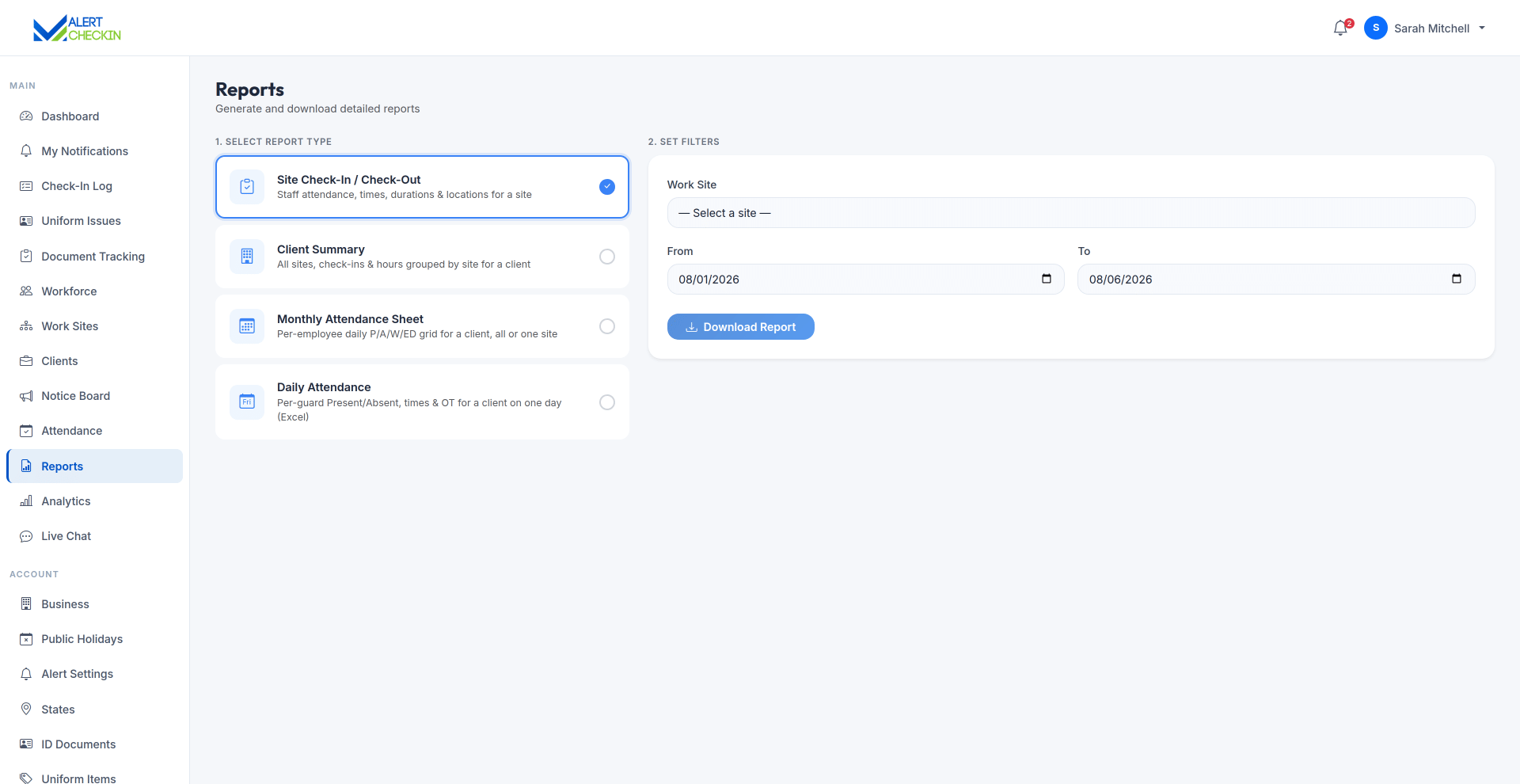 AlertCheckin reports page with date range and filter controls for generating operational reports