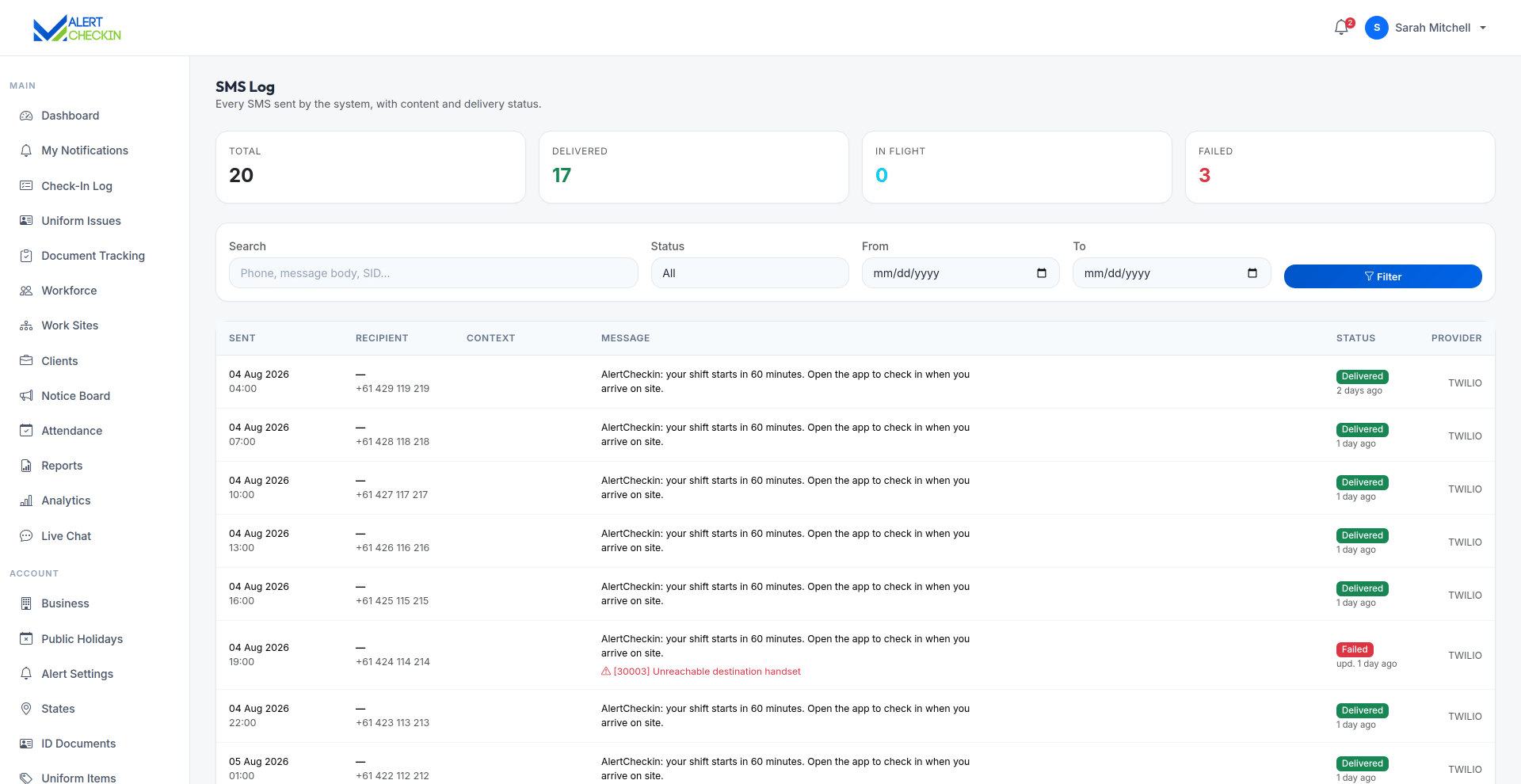 AlertCheckin SMS log listing text messages sent to staff with recipients and timestamps