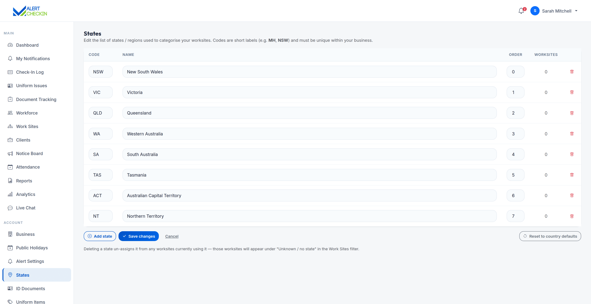AlertCheckin states settings page listing operating regions