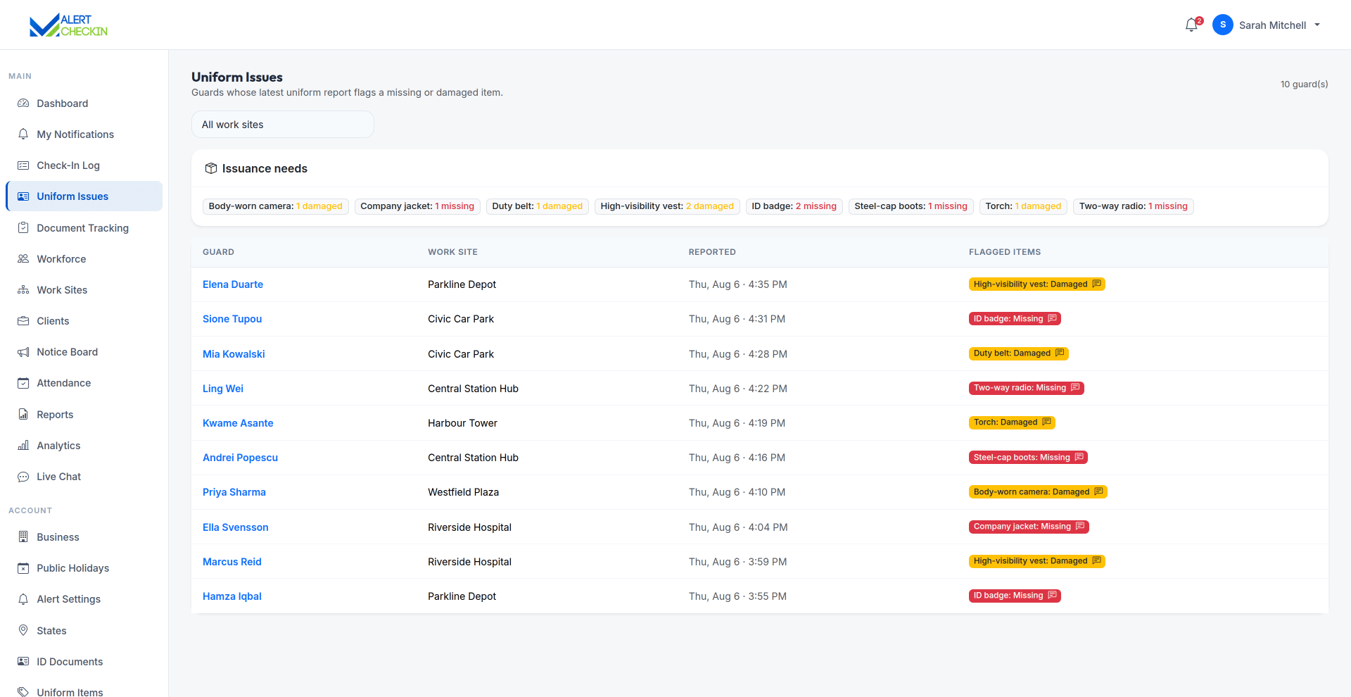 AlertCheckin web uniform issues page listing reported missing and damaged uniform items