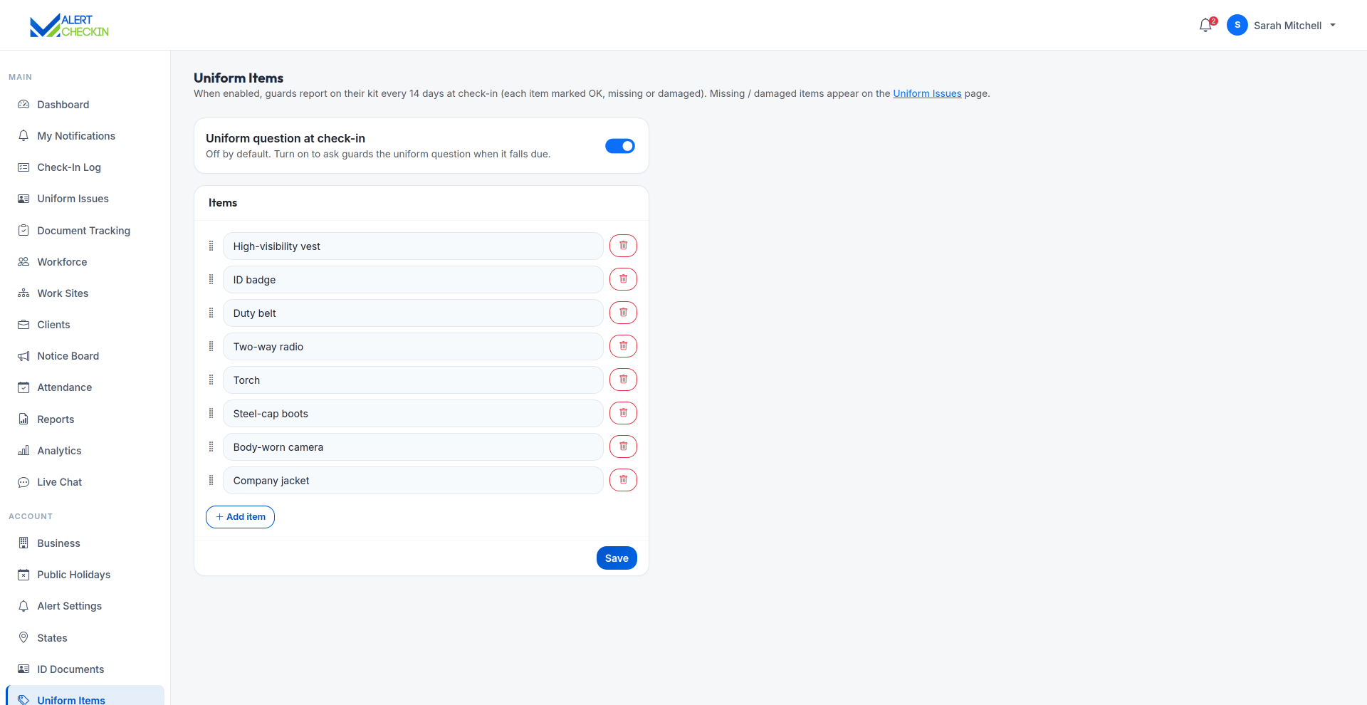AlertCheckin uniform items settings page listing the uniform catalogue checked by guards
